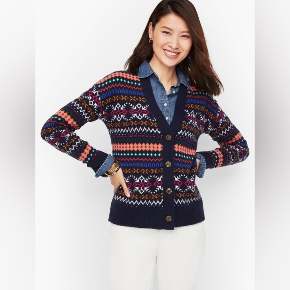 Talbots V-Neck Sweater Cardigan Fair Isle Delight size small